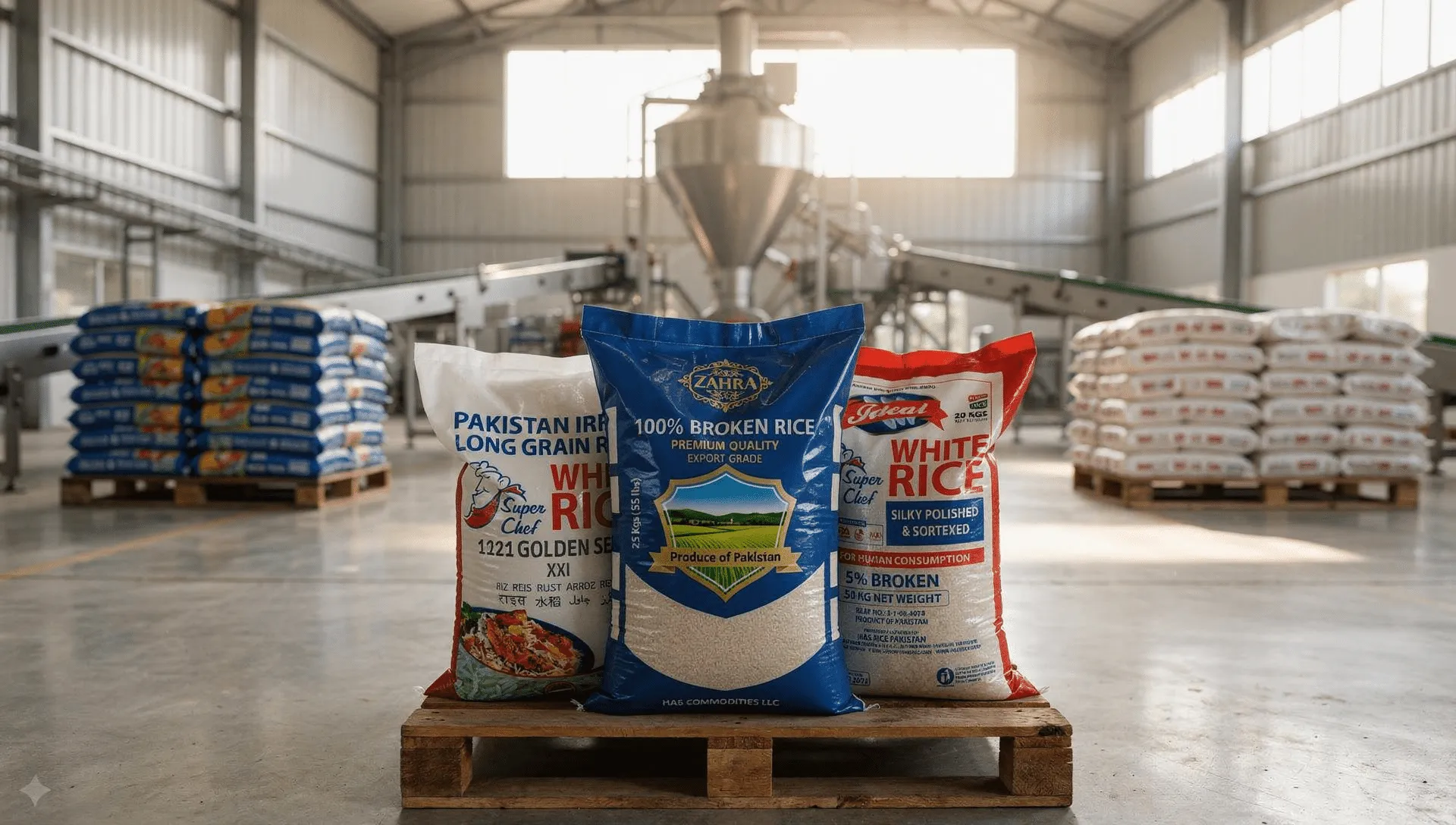 HAS Rice Pakistan mill warehouse with branded rice bags on pallet