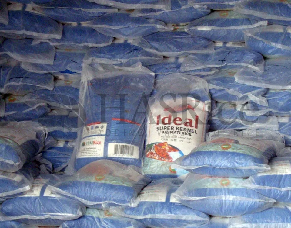 Stacking 50kg rice bags in container